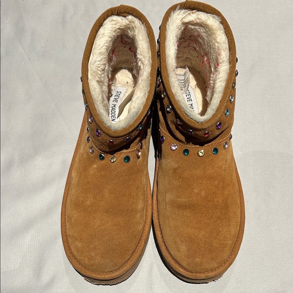 Steve Madden Tan Suede Embellished Warm Boots - Picture 2 of 4